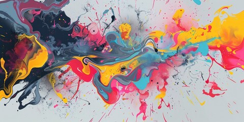 Wall Mural - Vibrant abstract image featuring splashes of red, yellow, blue, and black paint on a light background. AIG62