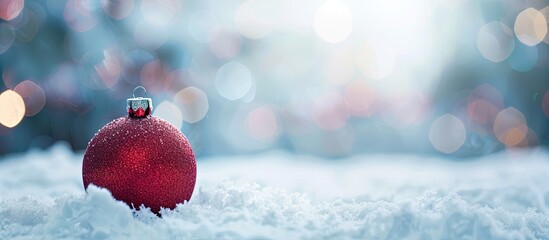 Wall Mural - a christmas decoration rests on snow with a blurred background providing ample copy space for an ima