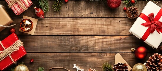 Canvas Print - Elaborate Christmas themed border featuring a craft present ornaments and an empty card set against a wooden backdrop ideal for adding a seasonal message in the copy space image