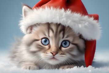 Poster - cute fluffy kitten peeking out from under a red Christmas hat