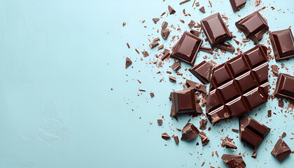 Wall Mural - Tasty chocolate bar on light blue background, top view. Space for text