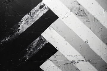 Wall Mural - Abstract black and white geometric background with diagonal stripes of chevron painted in the shape of an arrow on the wall, white space for text or design.