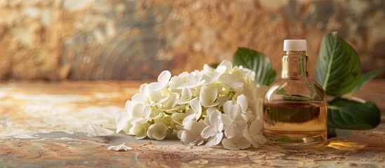 Canvas Print - A vintage glass bottle with cosmetic oil and white hydrangea flowers perfect for aromatherapy and herbal medicine with ample copy space image