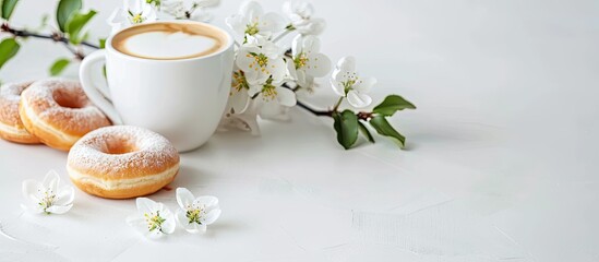 White porcelain cup with coffee and foam accompanied by apple blossoms branch and two sweet donuts on a white backdrop with copy space image