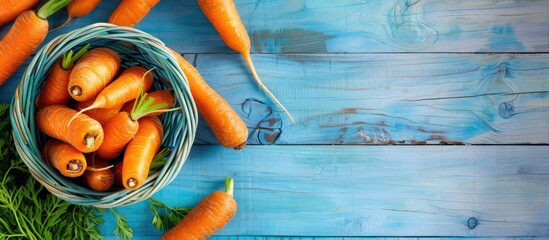 Poster - Ripe juicy carrots in a basket on a light blue wooden table close up with copy space image available