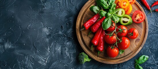 Sticker - Retro wooden plate with fresh veggies on a dark wall with empty space for decor Featuring a copy space image