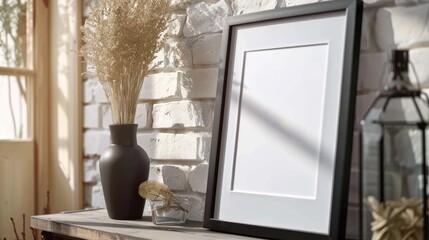 Wall Mural - Picture frame in black resting on table or shelf