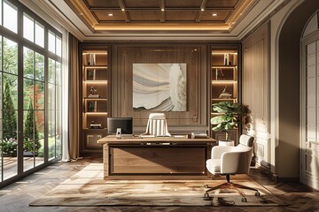 Wall Mural - The modern interior of home office / 3D render image classical composition.