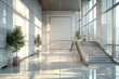 © Piya - Modern Architectural Interior with Sunlit Glass Windows, Greenery, and Sleek Design Elements Featuring Escalator and Large Blank Canvaselegant