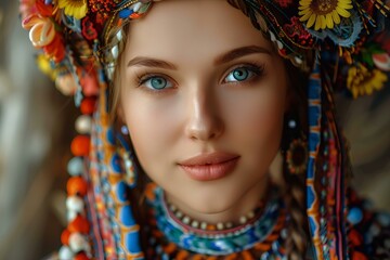 Beautiful young woman wearing traditional folk headdress with flowers is posing in a studio