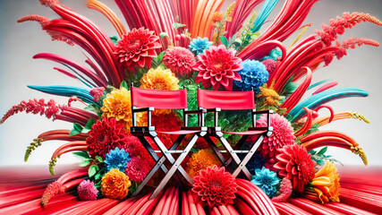 Wall Mural - Two red director's chairs set against a vibrant explosion of colorful flowers and swirling petals, creating a dynamic and lively scene full of energy and creativity.