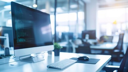 a modern office space with a computer displaying code