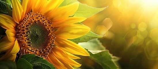 Sticker - A stunning yellow sunflower in closeup with vibrant green leaves peeking out from behind the petals set against a background ideal for a copy space image themed around summer or spring perfect as wal