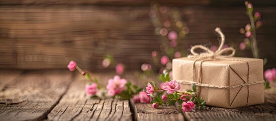 Wall Mural - Classic backdrop with present and blooms on a rustic wooden table with copy space image