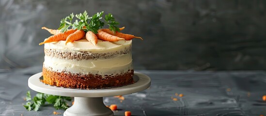 Poster - Carrot cake with cream cheese frosting adorned with sugar carrots featured in a copy space image