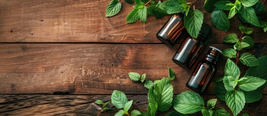 Sticker - Wooden table with mint essential oil bottles green leaves and ample copy space image