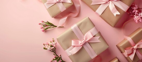 Poster - A basic gift arrangement featuring various gifts wrapped in handmade brown craft paper with a soft pastel bow set against a pink backdrop ideal for adding text or images. Copy space image