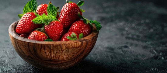 Canvas Print - A wooden bowl with whole fresh strawberries garnished with mint leaves on a black backdrop in a food still life photo with copy space image