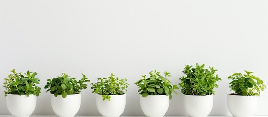 Poster - Isolated white pots containing small green plants against a white background with copy space image