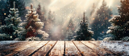 Poster - Wooden table as Christmas decoration background with pine trees and snowfall perfect for a copy space image