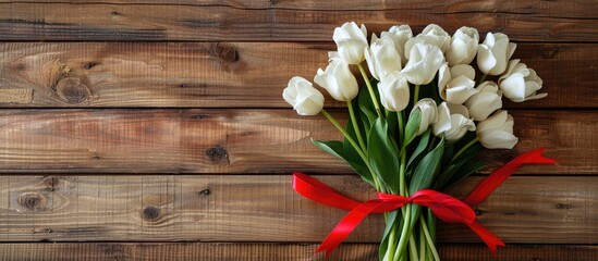 Sticker - Top view of white tulips tied with a red ribbon on a wooden backdrop with available copy space in the image