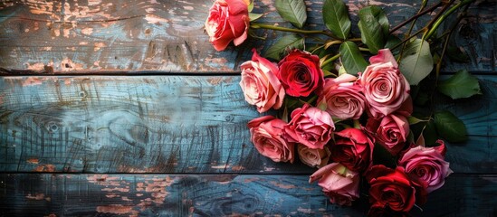 Sticker - Displaying a fresh bouquet of roses on a wooden surface with available copy space image