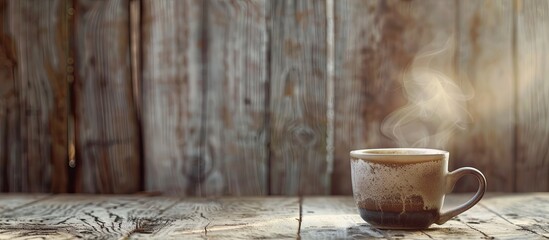 Sticker - Early morning breakfast setting with a close up of a steaming cup of coffee or tea placed on a vintage table with a rustic background ideal for copy space image