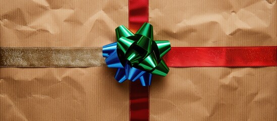 Sticker - A top down view of colorful Christmas wrapping ribbons in a bow on a brown paper package perfect for a copy space image