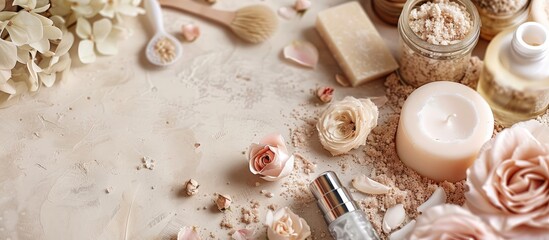 Poster - Beauty products arranged elegantly in a spa setting with copy space image