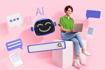 Composite artwork collage image picture of girl use laptop chat gpt ai robot isolated on creative background
