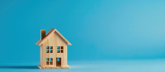 A tiny wooden three story house on a blue backdrop with space for text ideal for real estate concepts like affordable housing property sales and rentals displaying a miniature setting