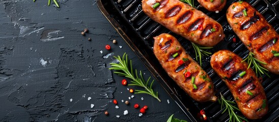 Canvas Print - Top view of barbecue fried sausages on a grilling pan with a close up shot as the main focus in the image with copy space