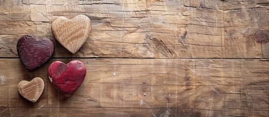 Wall Mural - valentine s day greeting card with hearts on a wooden backdrop representing love ideal for a copy sp