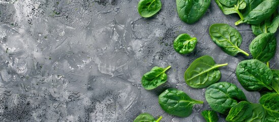 Wall Mural - Top view of fresh spinach leaves on a grey concrete background with copy space image