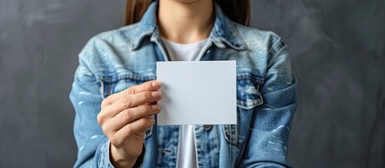 Canvas Print - A Caucasian woman in a casual denim shirt displays a business card in front of her with a plain call card mockup providing a copy space image for an offset card design