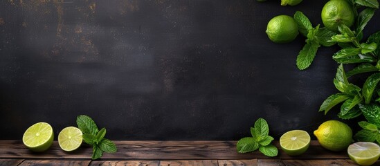 Sticker - Accentuate the old wooden table with a black background as the setting for a carbonated drink or cocktail adorned with limes and mint creating a picturesque copy space image