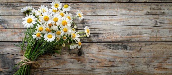 Sticker - Top view of a bouquet of chamomile flowers on a wooden garden table with space for text or image insertion. Copy space image. Place for adding text and design