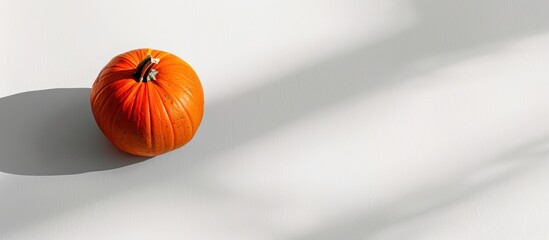 Poster - Autumn themed vignette featuring a pumpkin casting distinct shadows on a blank white backdrop serving as a versatile mockup for fall Halloween or Thanksgiving designs with copy space image for customi