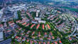 Aerial panorama around the old town of the city Hardhöhe Fürth during an overcast summer day in Bavaria.