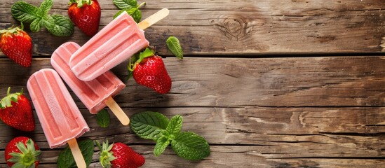 Poster - Organic and vegan popsicles with fresh homemade strawberry ice cream on a wooden background suitable for a copy space image