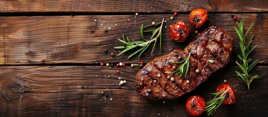 Wall Mural - A succulent beef steak served on a wooden table with copy space image