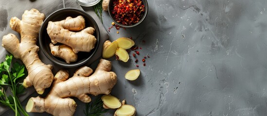 Canvas Print - Flat lay on a grey table featuring spicy pickled ginger and root with a designated space for text in the image. Copy space image. Place for adding text and design