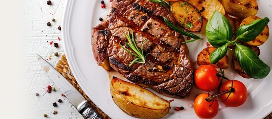 Canvas Print - European style beef steak an international dish presented on a plate with a white backdrop ideal for a copy space image