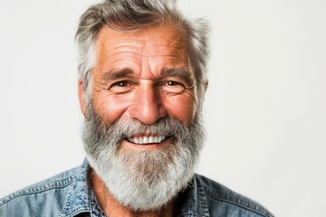 Portrait of a handsome old mature man smiling with clean teeth for a dental ad guy with fresh stylish hair and beard with strong jawline