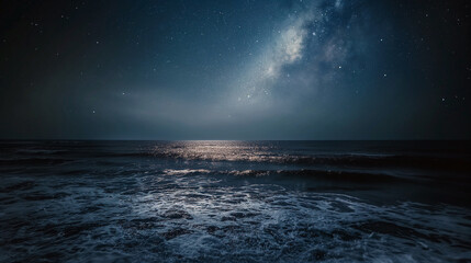 Wall Mural - a calm ocean at night with a bright moon reflecting on the water