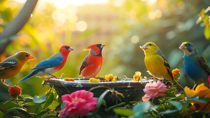 Wall Mural - Colorful bird feeding station in a picturesque garden