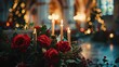 © Fitriyani - Church decorated for Christmas. Beautiful Christmas setting in church with burning candles, red roses and green thorn branches.