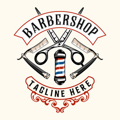 Canvas Print - Barbershop logo. barber pole, razor in ornamental frame, with vintage style, perfect for barber shop, haircut salon. Vector illustration