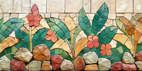 Poster - Mosaic Tile Art with Flowers and Leaves