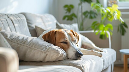 Wall Mural - Dog resting on sofa cushions in a Scandinavian minimalist interior, light and airy